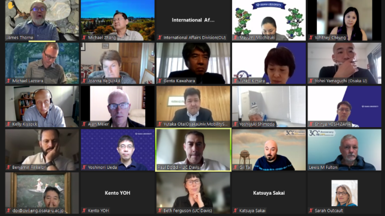 Screenshot of a Zoom meeting with UC Davis and Osaka Universiteis researchers and staff