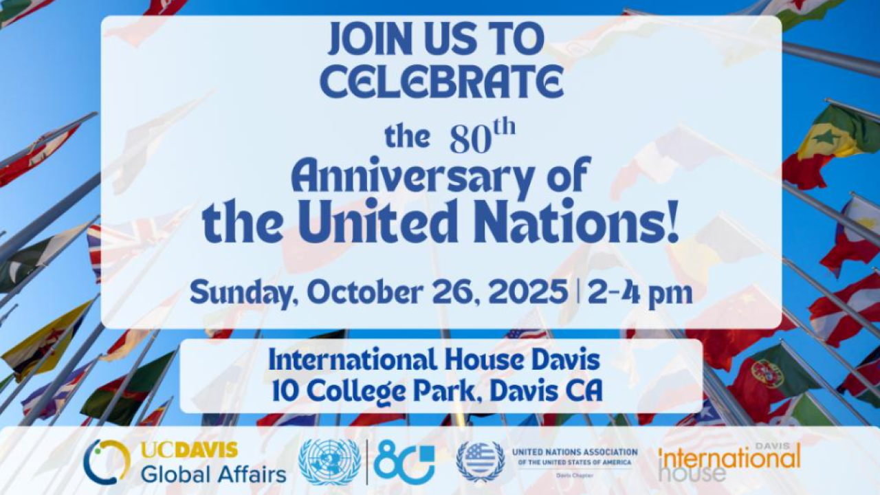 Flags in the background from different countries with address and date of the event