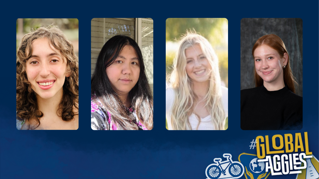 Four headshots of UC Davis students with a blue watercolor overlay and Global Aggies text