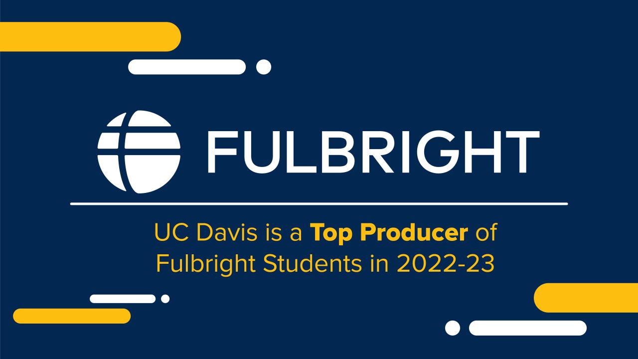 Graphic with text: UC Davis is a Top Producer of 2022-23 Fulbright Students. There is a Fulbright logo above the text.