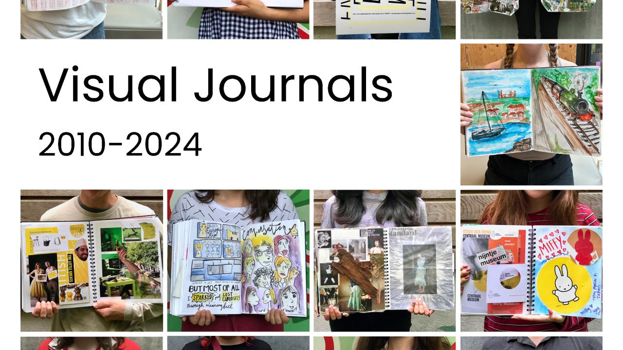 A collection of photos displays open visual journals with vibrant artwork, collages, and text. The title "Visual Journals 2010–2024" appears prominently in the center.