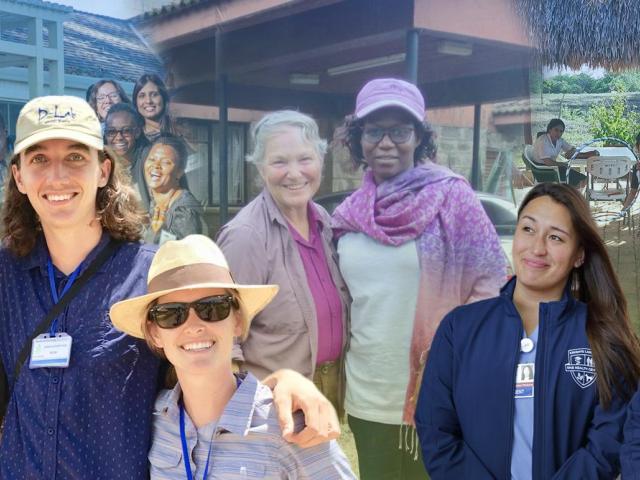 Collage of diverse volunteers outdoors, smiling, wearing badges and hats