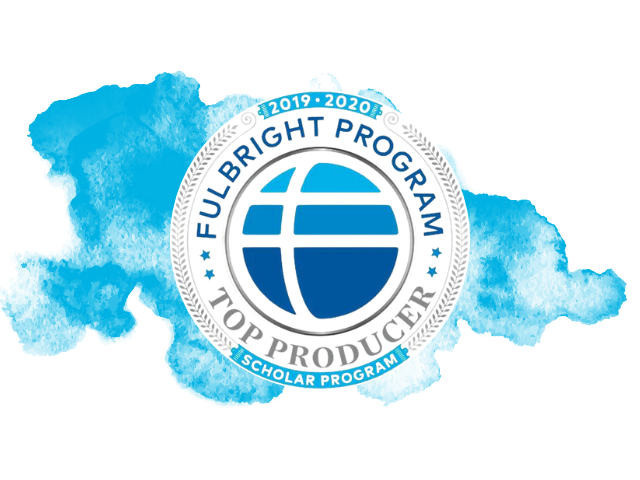 Fulbright Top U.S. Scholar Producer 2019-20 with a blue watercolor behind it