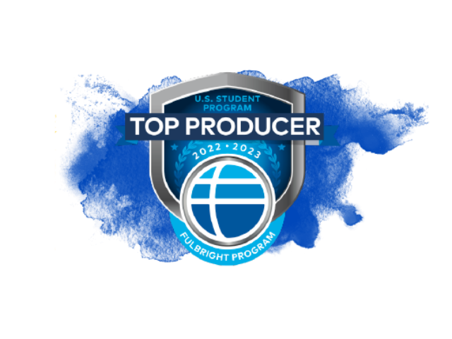 Logo of Fulbright U.S. Student Top Producer 2022-23, with a blue watercolor mark behind it