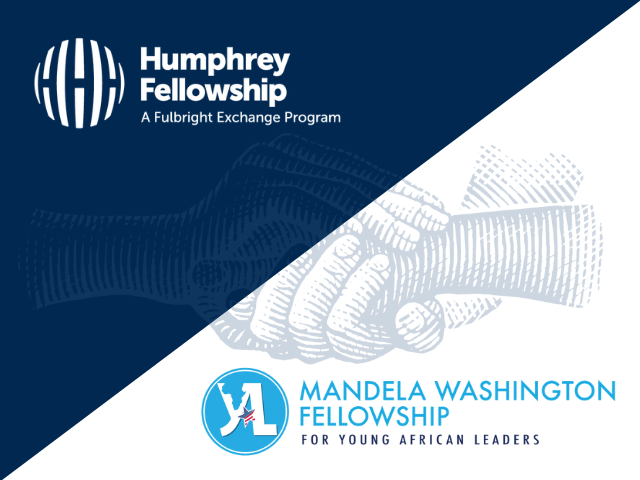 Humphrey Fellowship logo and Mandela Washington Fellowship Logo with a Steven Noble illustration of a pair of intertwined hands