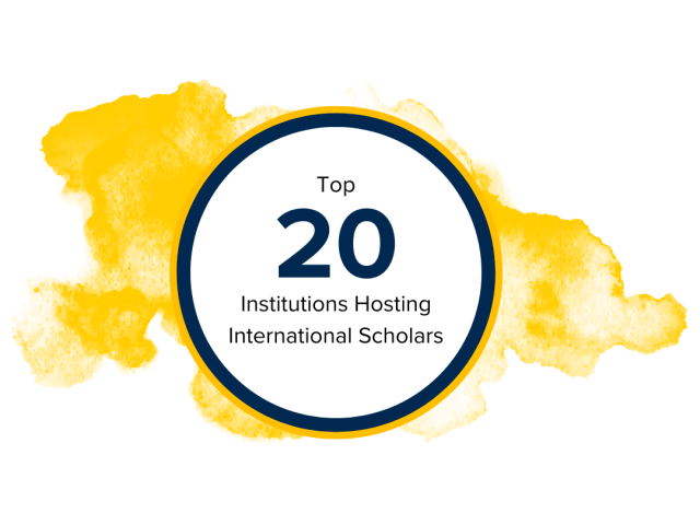 Top 20 Institutions Hosting International Scholars in a circle with a gold watercolor splash behind