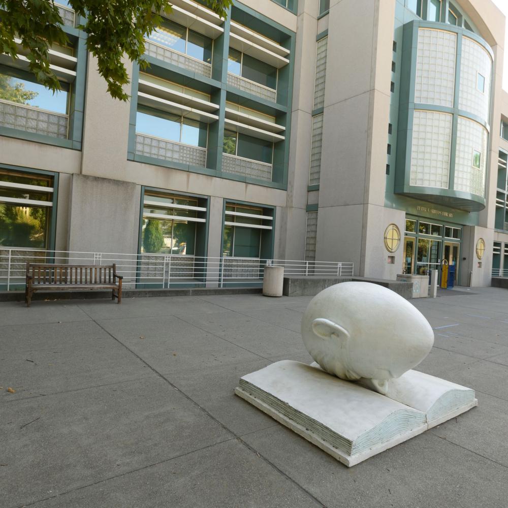 UC Davis egghead sculpture, Bookhead, with their face in a book