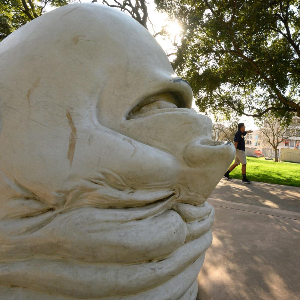 UC Davis egghead, Eye on Mrak, with an upside down egghead sculpture smiling.