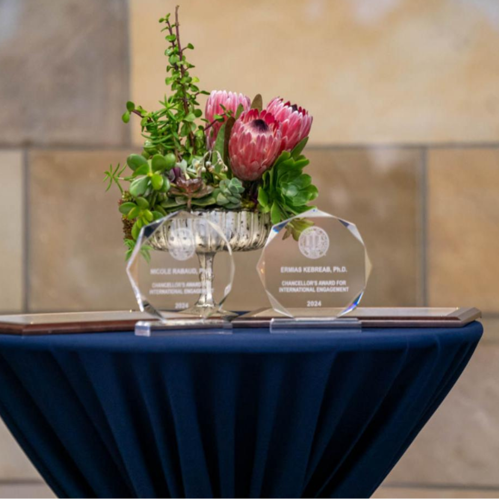 Crystal awards and a flower arrangement