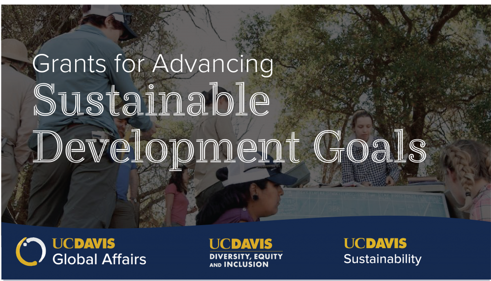 Grants for Advancing Sustainable Development Goals and the logos for UC Davis Global Affairs, Diversity, Equity and Inclusion and Sustainability over a backdrop of a photos of people working out in nature.
