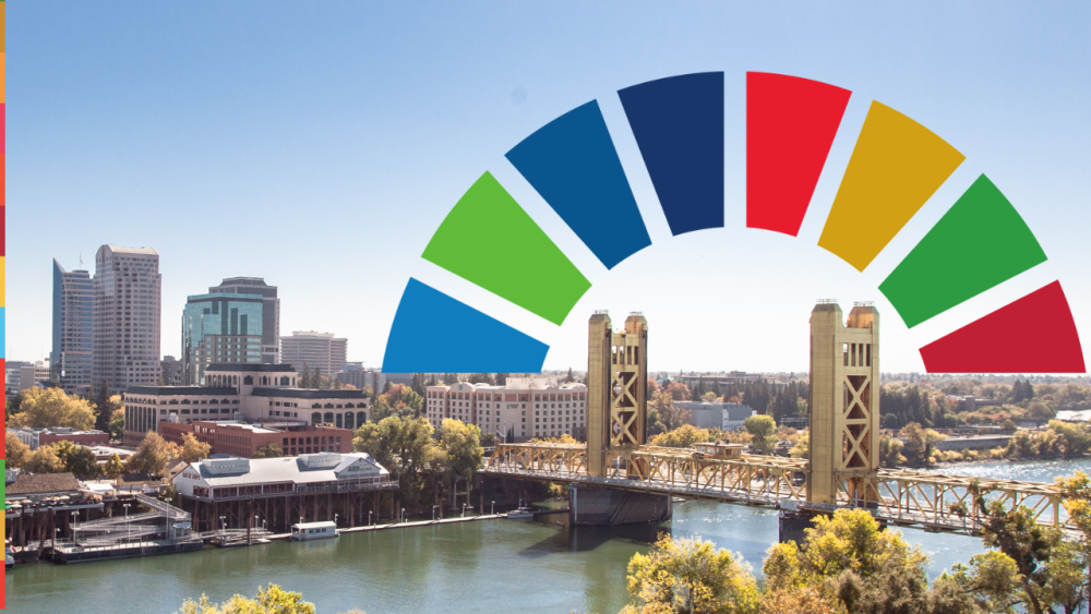 City of Sacramento skyline with half of a SDG wheel