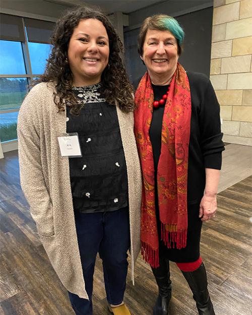 Joanna Regulska, right, is the vice provost and dean for global affairs at UC Davis, and offered the keynote address during a recent awards ceremony on campus, where doctoral student Ana Zepeda, left, received an Advancing Sustainable Development Goals Grant.