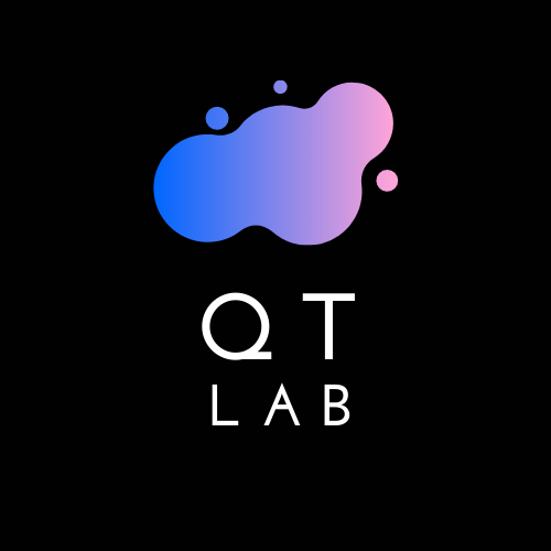 QT Lab with a blue and pink shape with rounded edges, and a few dots around it