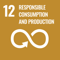 On a light brown background is an infinity sign with an arrow on the bottom left side indicating it will continue its looping path. Above the image is the number 12 and the words "Responsible Consumption and Production"