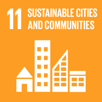 On an orange background are an illustration of four city buildings, the number 11, and the words "Sustainable Cities and Communities""