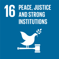 On a blue background are the illustration of a dove perched on a gavel, the number 16, and the words "Peace, Justice, and Strong Institutions"