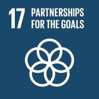 On a dark blue background are five interlinking circles, the number 17, and the words "Partnership for the Goals"