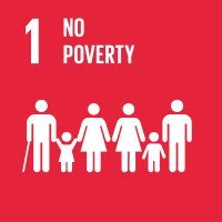 On a bright red background are silhouettes of four adults and two children, the number 1, and the words "No Poverty"