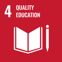 On a dark red background is an illustration of an open book and a pencil, the number 4, and the words "Quality Education"