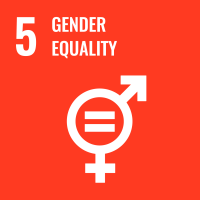 On a red-orange background are a combined symbol for man and woman with an equal sign in the center of the circle, the number 5 and the words, "Gender Equality"