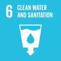 On a bright blue background are the illustration of a full cup of water with an arrow pointed down, the number 6 and the words, "Clean Water and Sanitation"