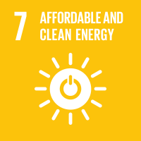On a bright yellow background are an image of a power button with sunrays coming out of it like it's the sun, the number 7, and the words, "Affordable and Clean Energy."