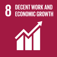 On a deep red background are an illustration of a bar chart trending up, the number 8 and the words "Decent Work and Economic Growth"