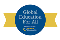 A blue circle with a gold ribbon behind it reads "Global Education For All recognized by UC Davis Global Affairs"