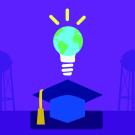 Illustration: mortarboard and diploma with glowing globe lightbulb above water tower silhouettes