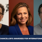 Headshots of 2021 Chancellor's Awardees Katharine Burnett, Jonna Mazet, Scott Palmer