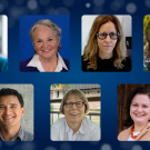Seven headshots of smiling UC Davis faculty and staff over an Aggie Blue background