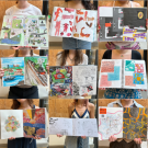 A collection of photos displays open visual journals with vibrant artwork, collages, and text.