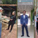 Four photos of the fellows separated by blue and yellow boarders. Daphna speaks to a colleague, Ilisa stands in a main hallway, Baigalmaa poses with colleagues, and Bagher visits an agricultural space.