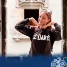 Jessica in Scotland with the Global Aggies logo in the right hand corner.