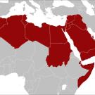 Map with Arab countries highlighted in a deep red.