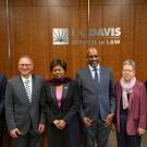 From left to right: Second Counselor and Minister of Higher Education Charles Ntageruka, Associate Vice Provost of Academic Programs and Partnerships in Global Affairs Michael Lazzara, Ambassador of Rwanda and Professor Mathilde Mukanyabana, Rwanda's Minister of Justice Dr. Emmanuel Ugirashebuja, UC Davis Law Associate Dean for International Programs Beth Greenwood, and Rwanda Governance Board CEO Dr. Doris Uwicyeza Picard.