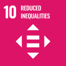 On a magenta background are an equal symbol surrounded with arrowhead symbols pointing out like compass, the number 10, and the words "Reduced Inequalities"