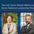 On a blue background are headshots of Joanna Regulska and Zachary Frieders with the text "Two UC Davis Global Affairs Leaders Elected to Serve National Leadership Positions for NAFSA" in white. The NAFSA logo and UC Davis Global Affairs logos appear to the right of the blue box.