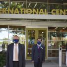 Members from UC Davis and the Pakistani delegation standing outside the International Center on campus