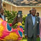 Mandela Fellows taking photo with Chancellor Gary S. May