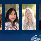 Four headshots of UC Davis students with a blue watercolor overlay and Global Aggies text