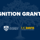 Ignition Grants, University of Sydney and UC Davis wordmarks over an Aggie Blue background with an oak tree