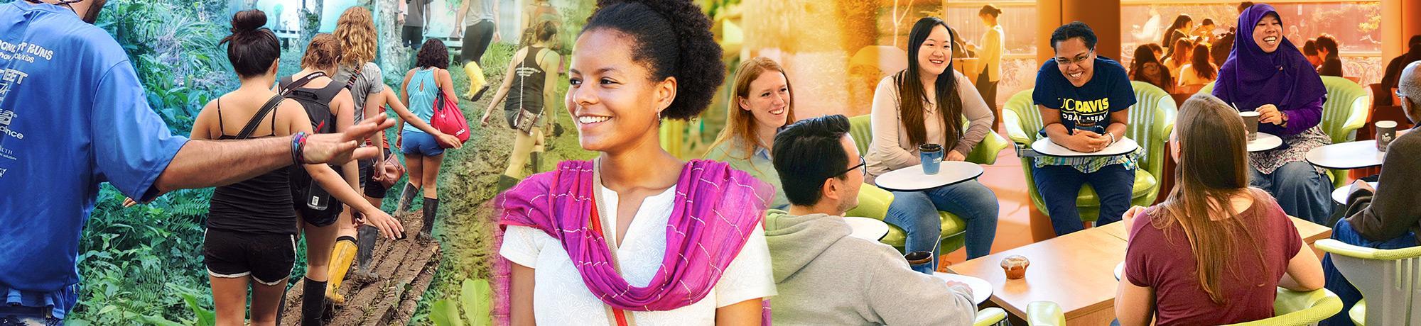 Students in field, student abroad, students and fellows on campus