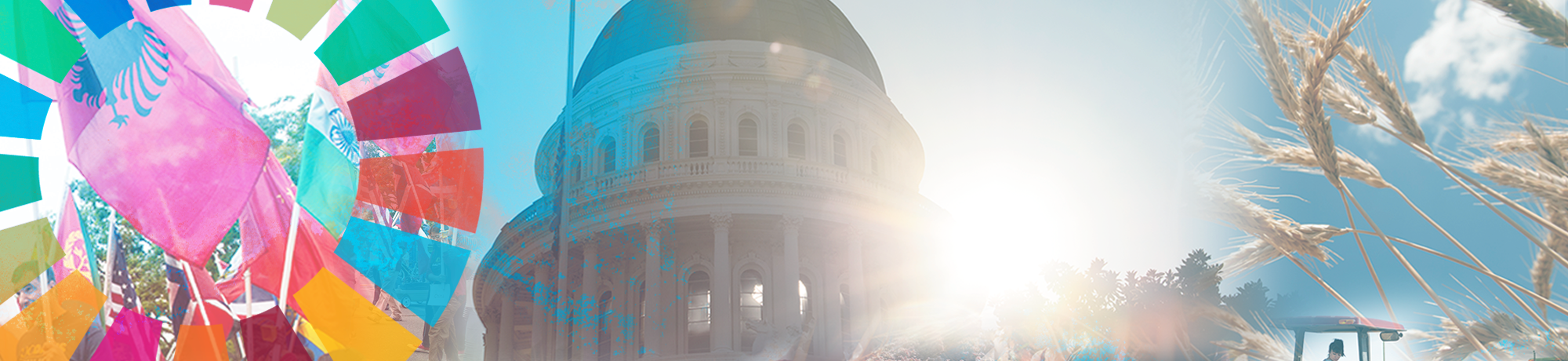 SDG color wheel over collage image with capitol building, wheat, flag, and light
