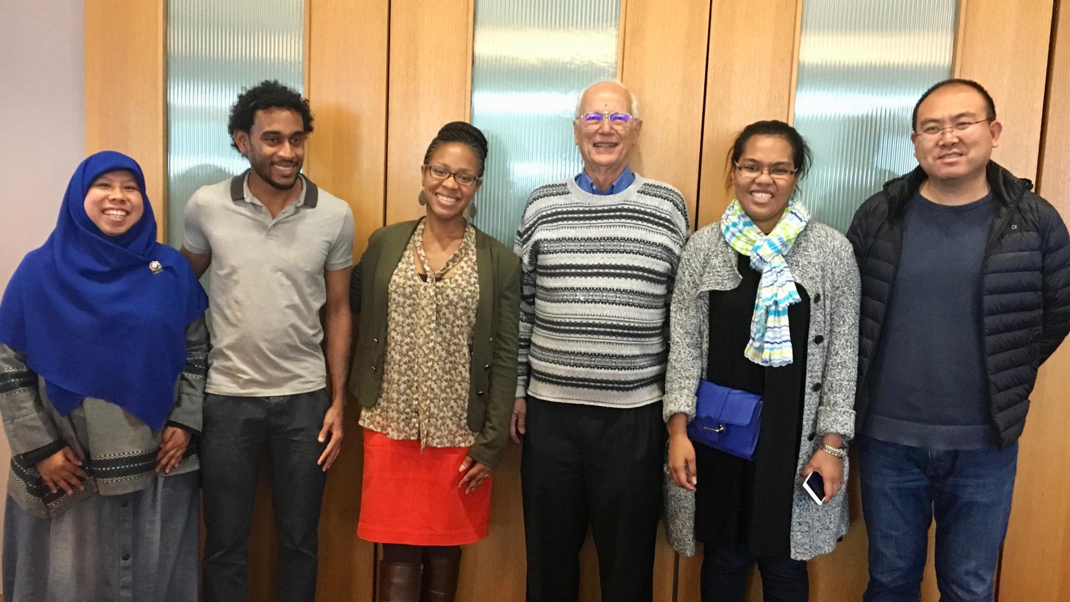 UC Davis Humphrey Fellows, Fathimah Handayani (Indonesia), Kahlil Hassanali (Trinidad and Tobago), Litia Gaunavou-Tuberi (Fiji), and Xin Liu (China) with the Emory University Humphrey Fellowship Program coordinators (center) at the Global Development and Social Justice Enhancement Workshop.