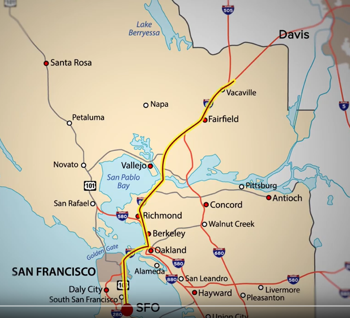 Map of San Francisco area, with line from SFO to Davis