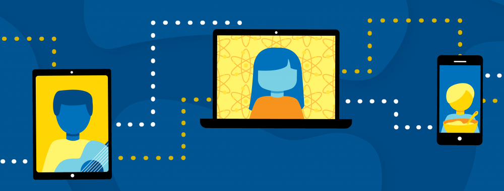 Global Conversations graphic with four computers or tablets and a person's head in each connected by dotted lines