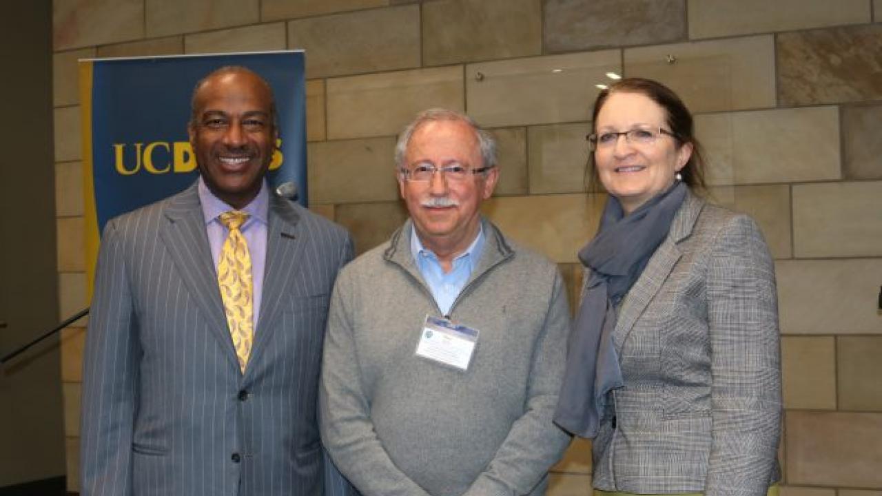 Paul Gepts (center) receives International Engagement Award from UC Davis Chancellor Gary May (left). Plant Sciences department chair Gail Taylor is on the right. Ann Filmer/UC Davis Paul Gepts with Chancellor and Plant Sciences Chair