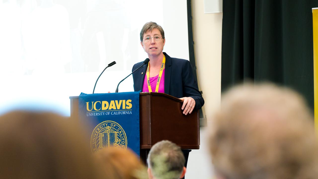 Mills College President Elizabeth L. Hillman addressing the crowd at the 2018 International Research Conference at UC Davis. TJ Ushing/UC Davis. Mills College President Elizabeth L. Hillman at podium speaking