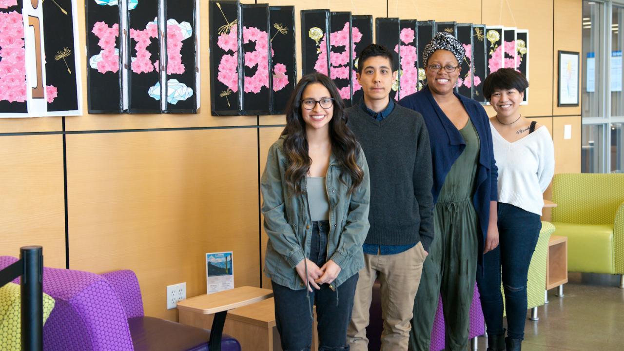 UC Davis students Bianca Medina, Marbles Jumbo Radio, Jasmine Wade, and Sabrina Rose Lee in the International Center when their works debuted during International Education Week in November of 2017 UC Davis students Bianca Medina, Marbles Jumbo Radio, Jasmine Wade, and Sabrina Rose Lee in the International Center.